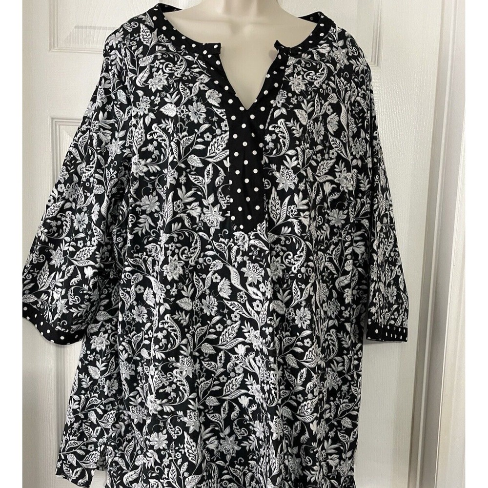 Liz & Me Black & White Flowers & Polka Dot 1X Top Blouse 3/4 Sleeves‎ V-Neck NEW